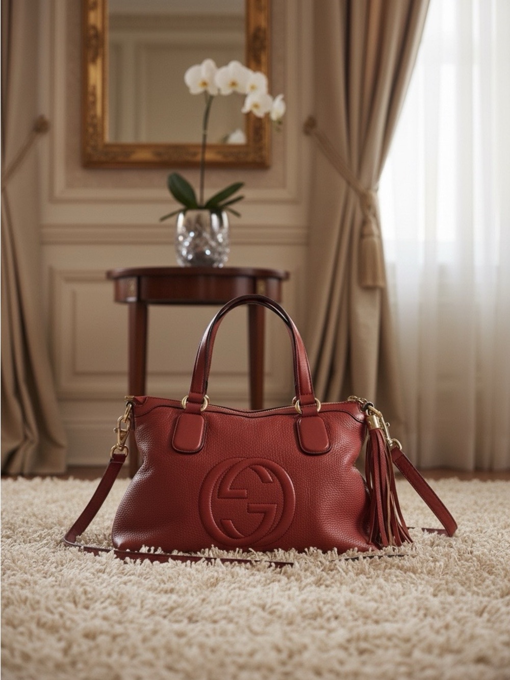 Gucci Soho Red Pebbled Leather Top Handle Bag Satchel